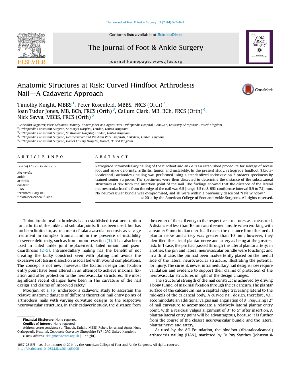 Anatomic Structures at Risk: Curved Hindfoot Arthrodesis Nail—A Cadaveric Approach 