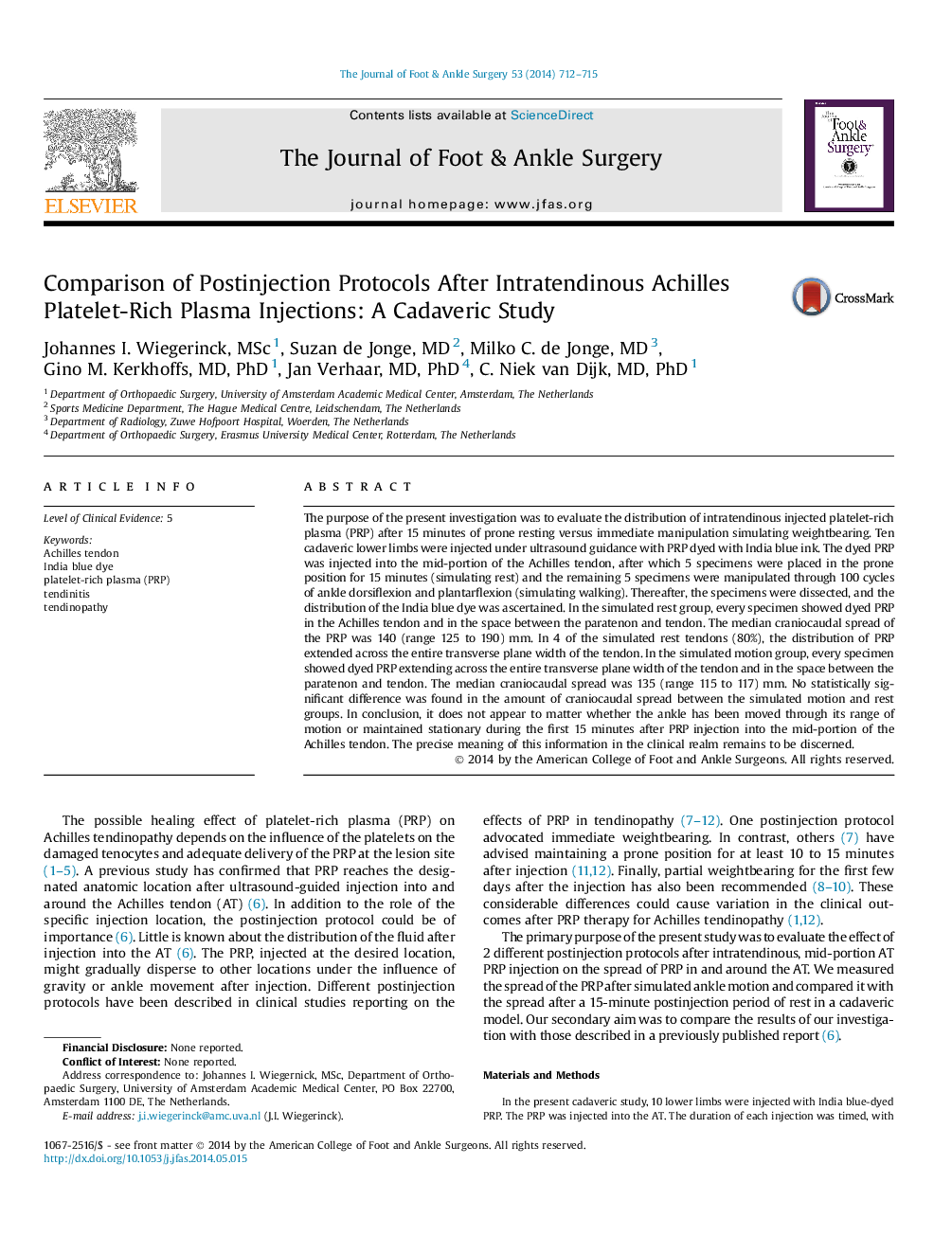 Comparison of Postinjection Protocols After Intratendinous Achilles Platelet-Rich Plasma Injections: A Cadaveric Study 