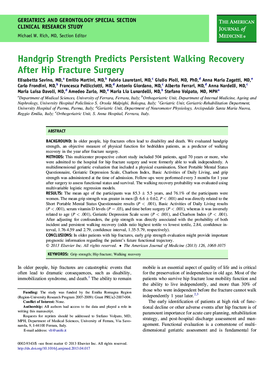 Handgrip Strength Predicts Persistent Walking Recovery After Hip Fracture Surgery