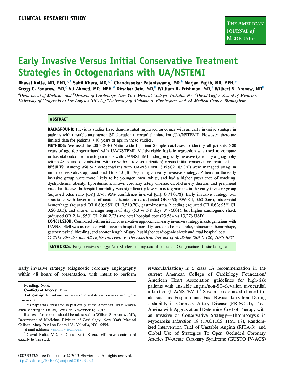 Early Invasive Versus Initial Conservative Treatment Strategies in Octogenarians with UA/NSTEMI