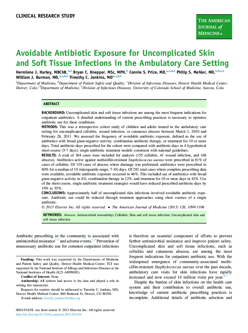 Avoidable Antibiotic Exposure for Uncomplicated Skin and Soft Tissue Infections in the Ambulatory Care Setting