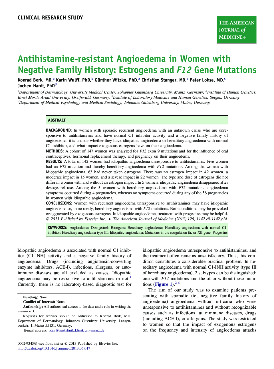Antihistamine-resistant Angioedema in Women with Negative Family History: Estrogens and F12 Gene Mutations