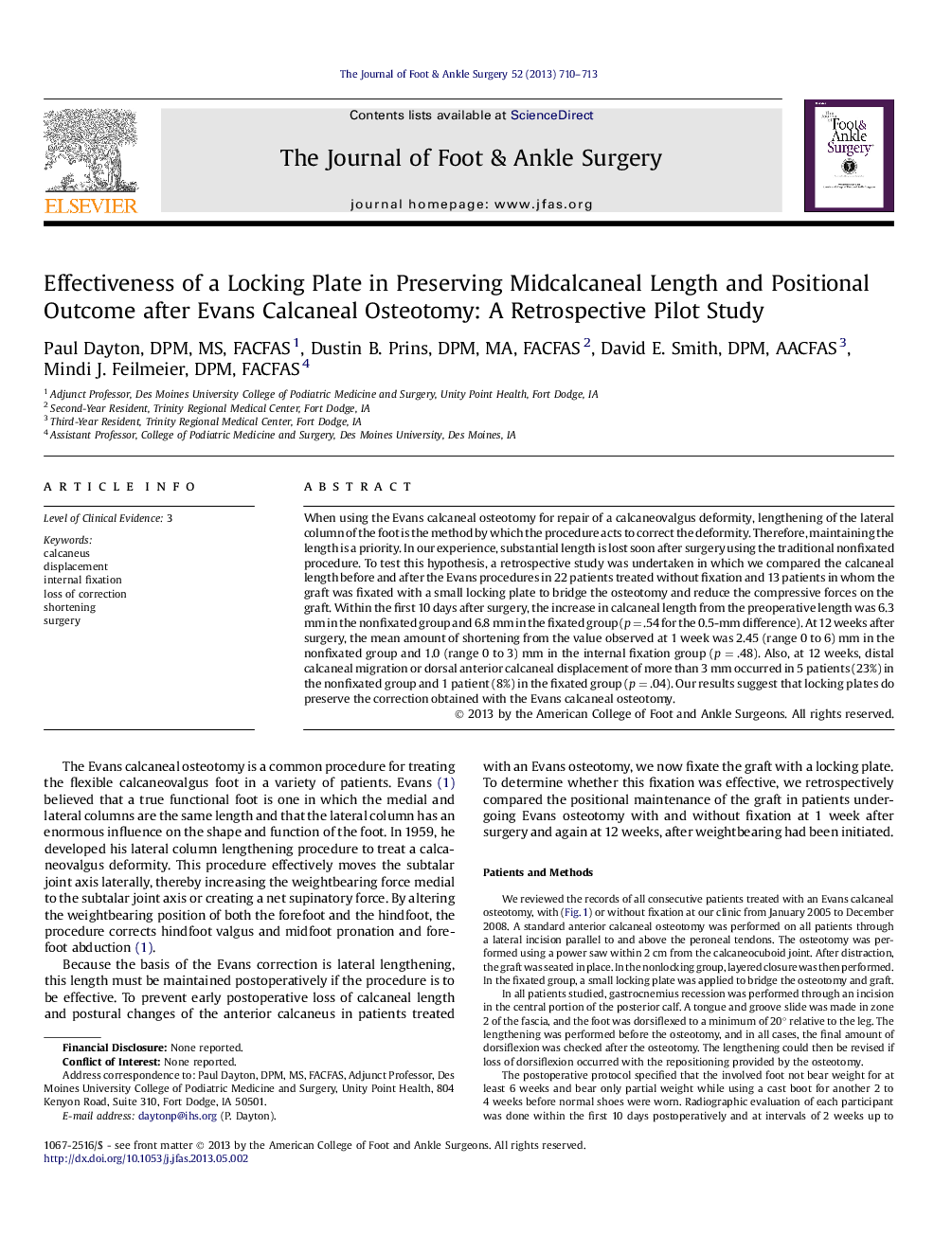 Effectiveness of a Locking Plate in Preserving Midcalcaneal Length and Positional Outcome after Evans Calcaneal Osteotomy: A Retrospective Pilot Study 