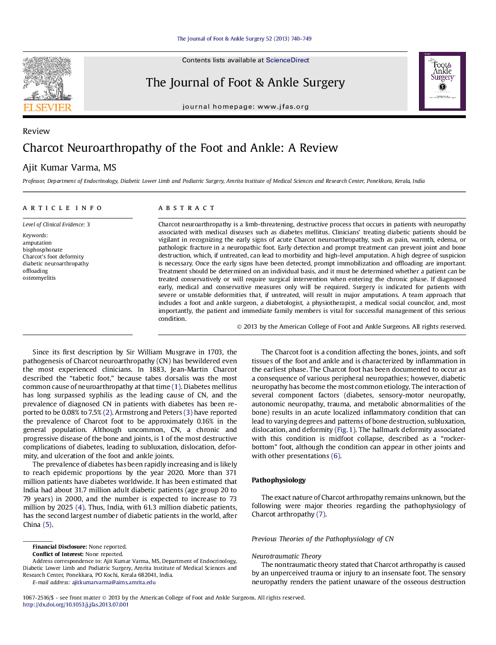 Charcot Neuroarthropathy of the Foot and Ankle: A Review 