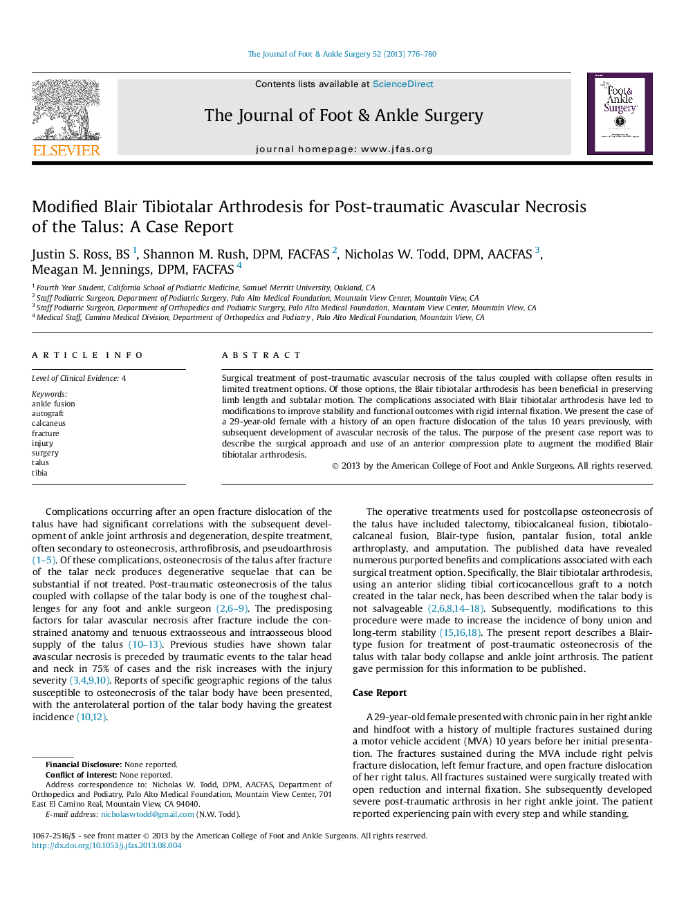 Modified Blair Tibiotalar Arthrodesis for Post-traumatic Avascular Necrosis of the Talus: A Case Report 