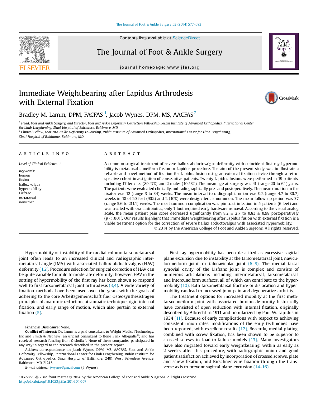 Immediate Weightbearing after Lapidus Arthrodesis with External Fixation 