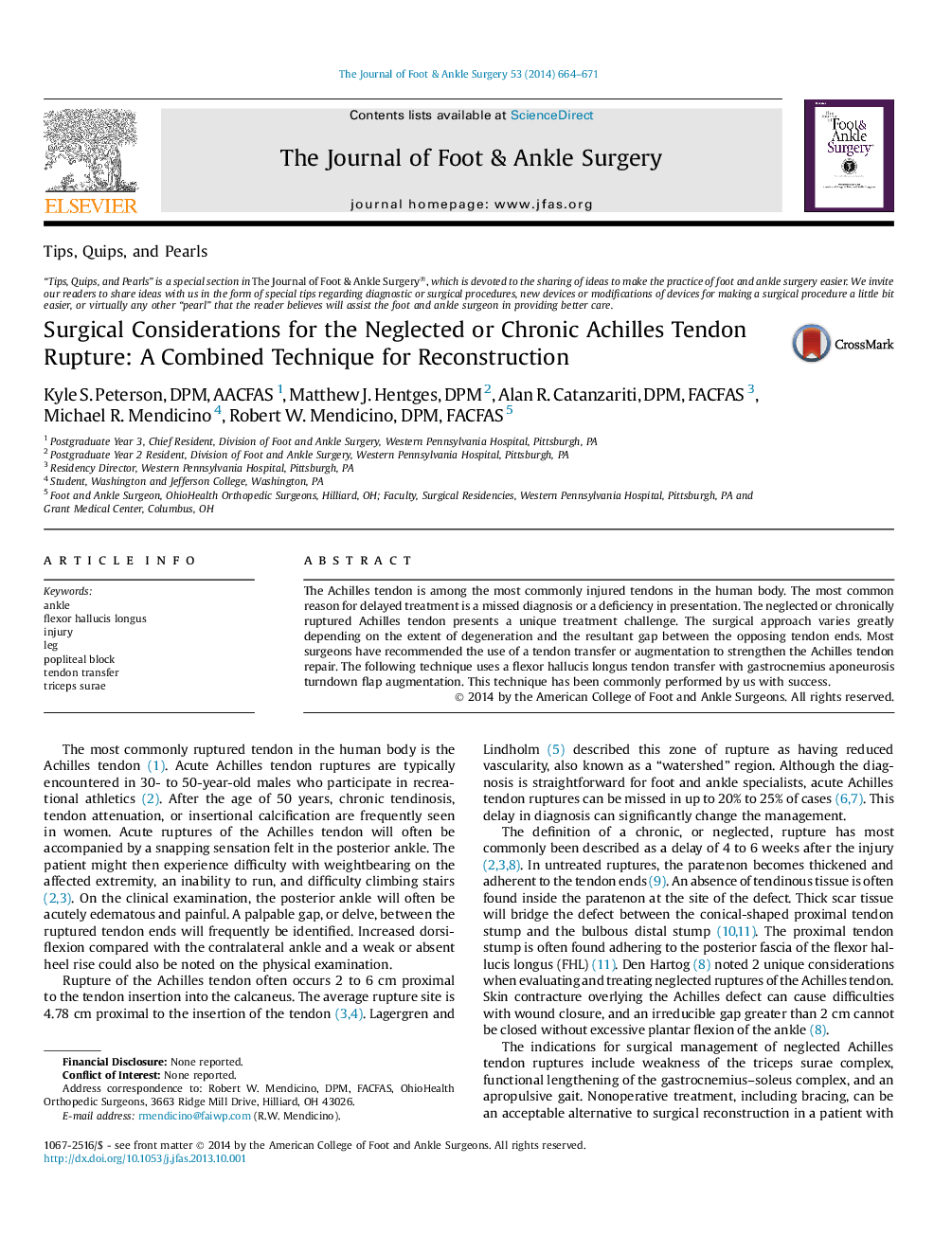 Surgical Considerations for the Neglected or Chronic Achilles Tendon Rupture: A Combined Technique for Reconstruction 