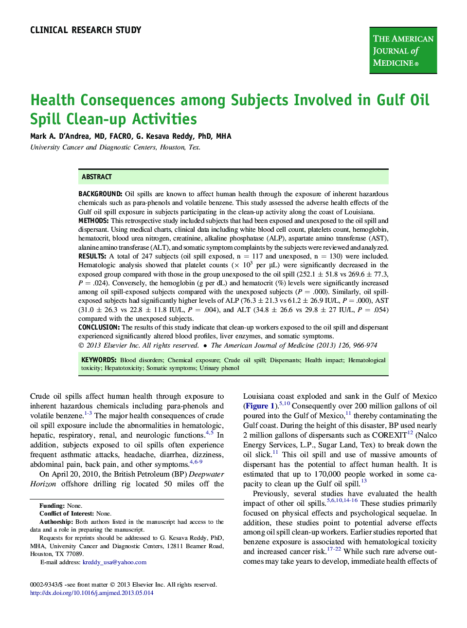 Health Consequences among Subjects Involved in Gulf Oil Spill Clean-up Activities 