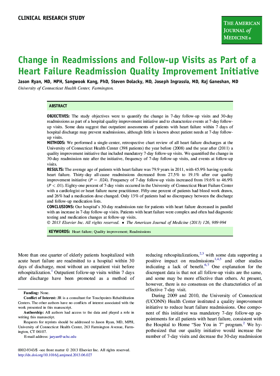 Change in Readmissions and Follow-up Visits as Part of a Heart Failure Readmission Quality Improvement Initiative