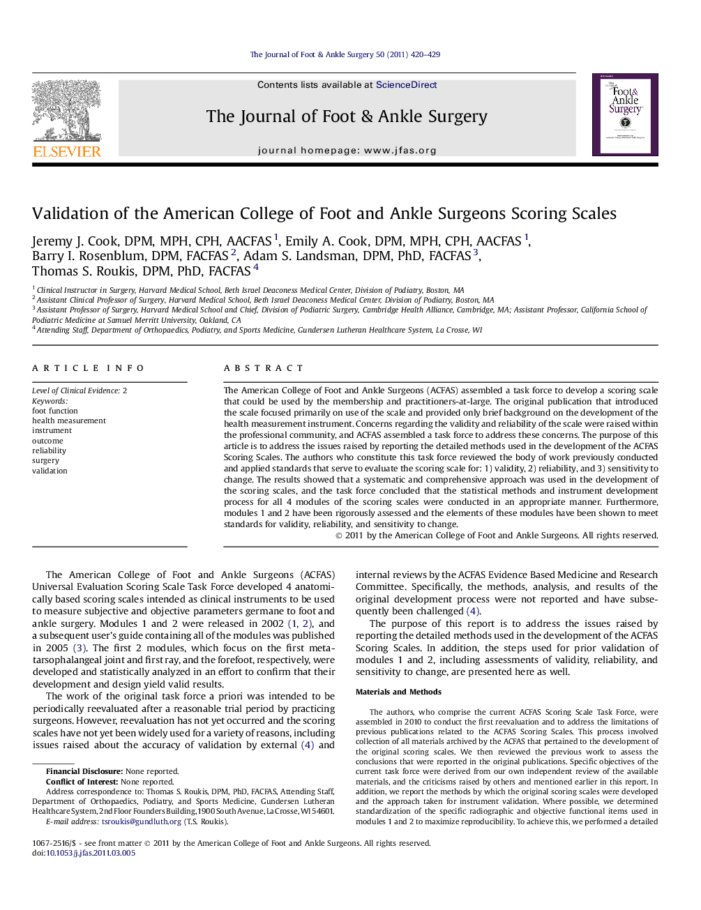 Validation of the American College of Foot and Ankle Surgeons Scoring Scales 