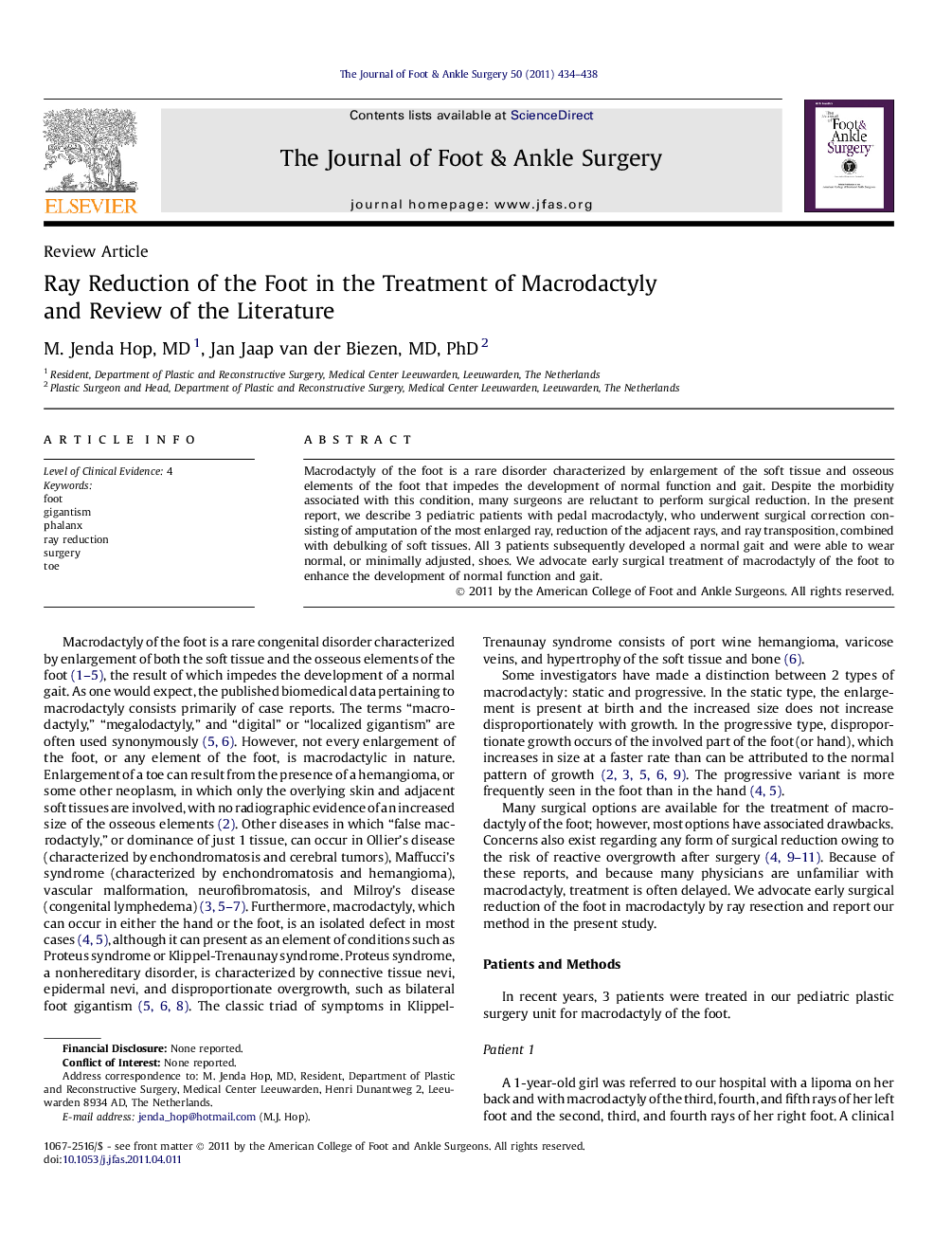 Ray Reduction of the Foot in the Treatment of Macrodactyly and Review of the Literature 