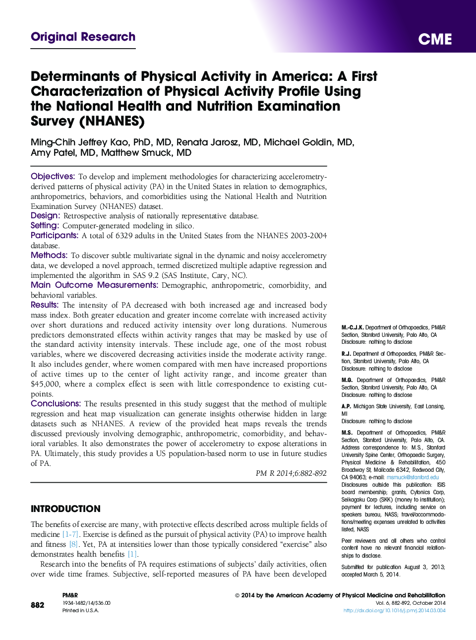 Determinants of Physical Activity in America: A First Characterization of Physical Activity Profile Using the National Health and Nutrition Examination Survey (NHANES) 