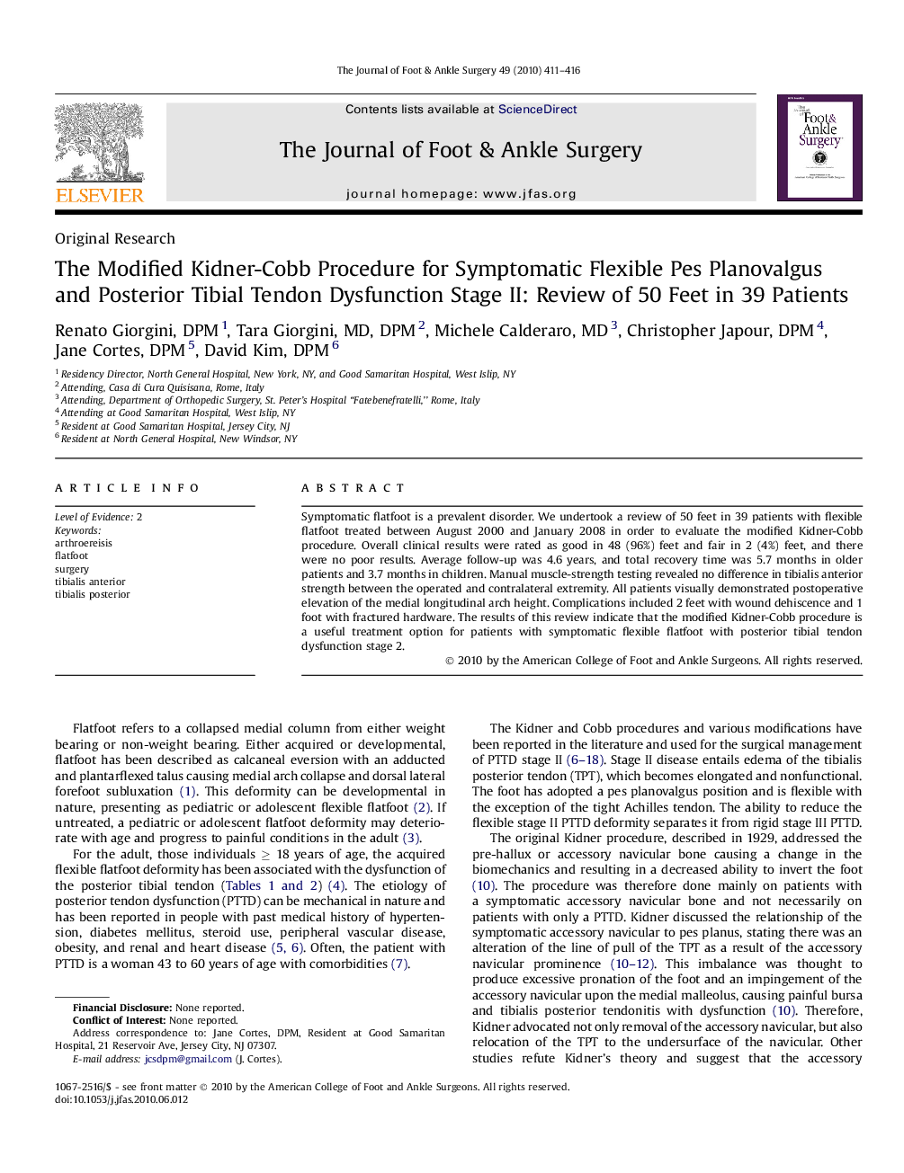 The Modified Kidner-Cobb Procedure for Symptomatic Flexible Pes Planovalgus and Posterior Tibial Tendon Dysfunction Stage II: Review of 50 Feet in 39 Patients 