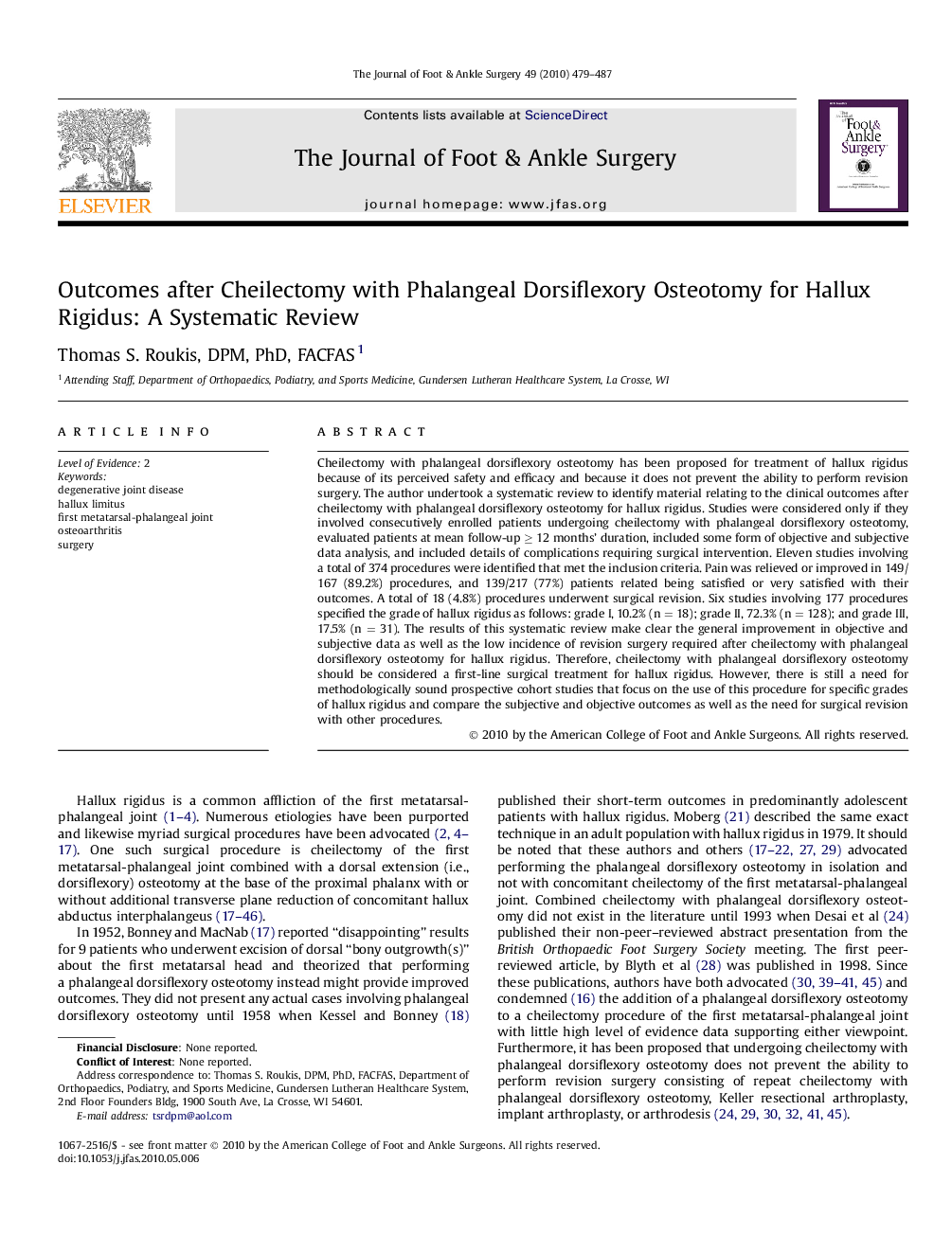 Outcomes after Cheilectomy with Phalangeal Dorsiflexory Osteotomy for Hallux Rigidus: A Systematic Review 