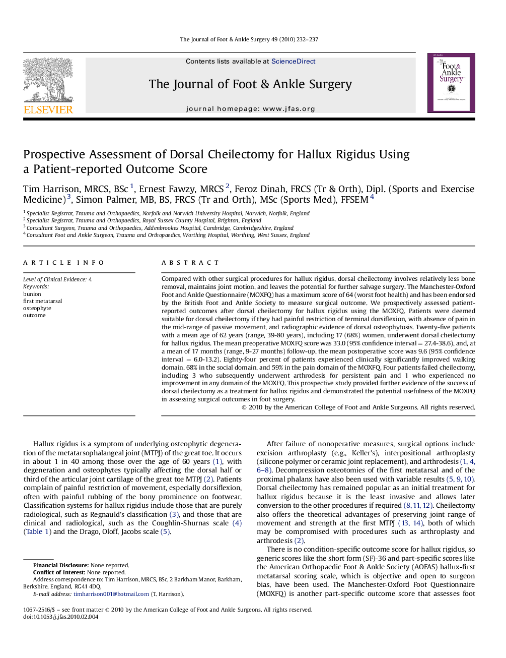 Prospective Assessment of Dorsal Cheilectomy for Hallux Rigidus Using a Patient-reported Outcome Score 