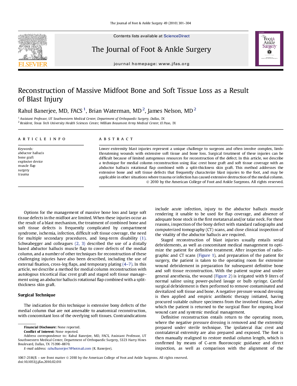 Reconstruction of Massive Midfoot Bone and Soft Tissue Loss as a Result of Blast Injury 