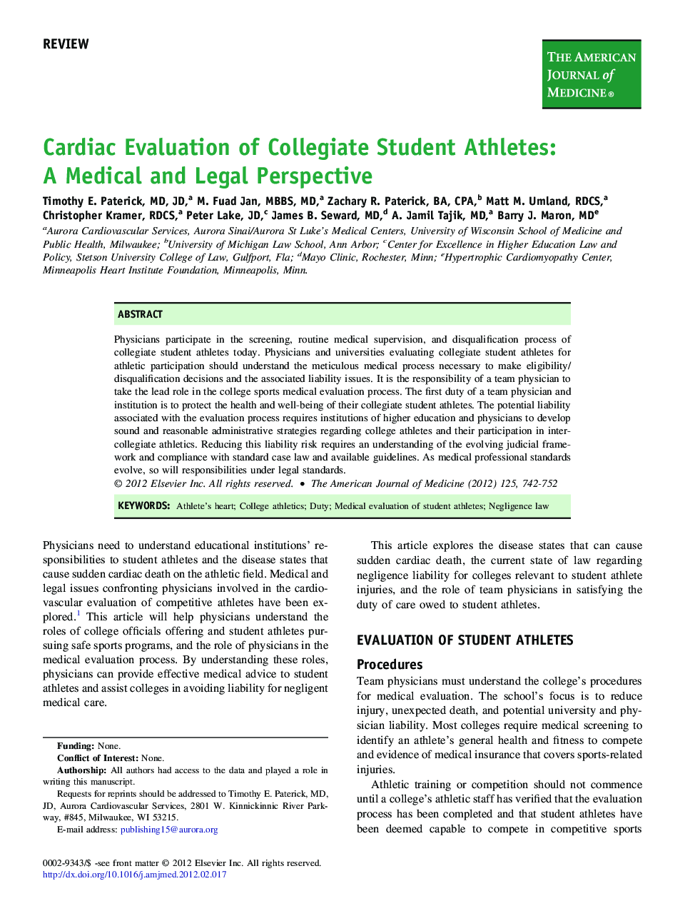 Cardiac Evaluation of Collegiate Student Athletes: A Medical and Legal Perspective 