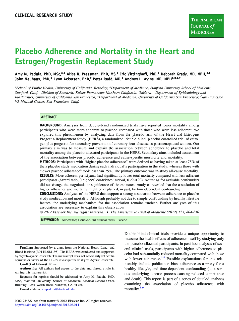 Placebo Adherence and Mortality in the Heart and Estrogen/Progestin Replacement Study 