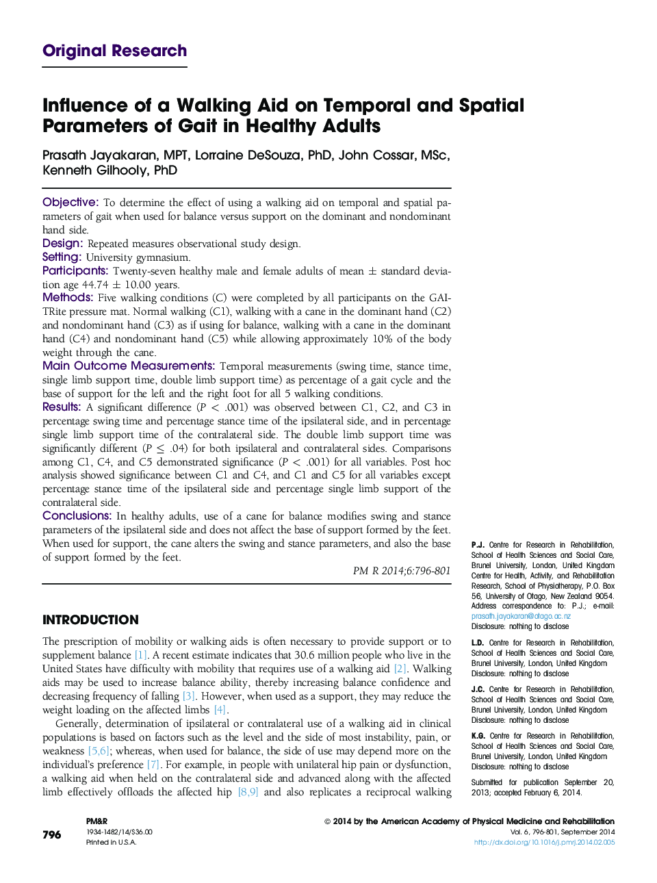 Influence of a Walking Aid on Temporal and Spatial Parameters of Gait in Healthy Adults