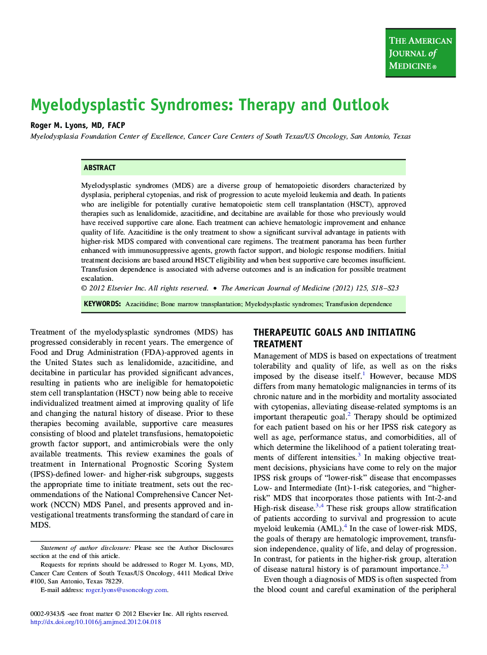 Myelodysplastic Syndromes: Therapy and Outlook 