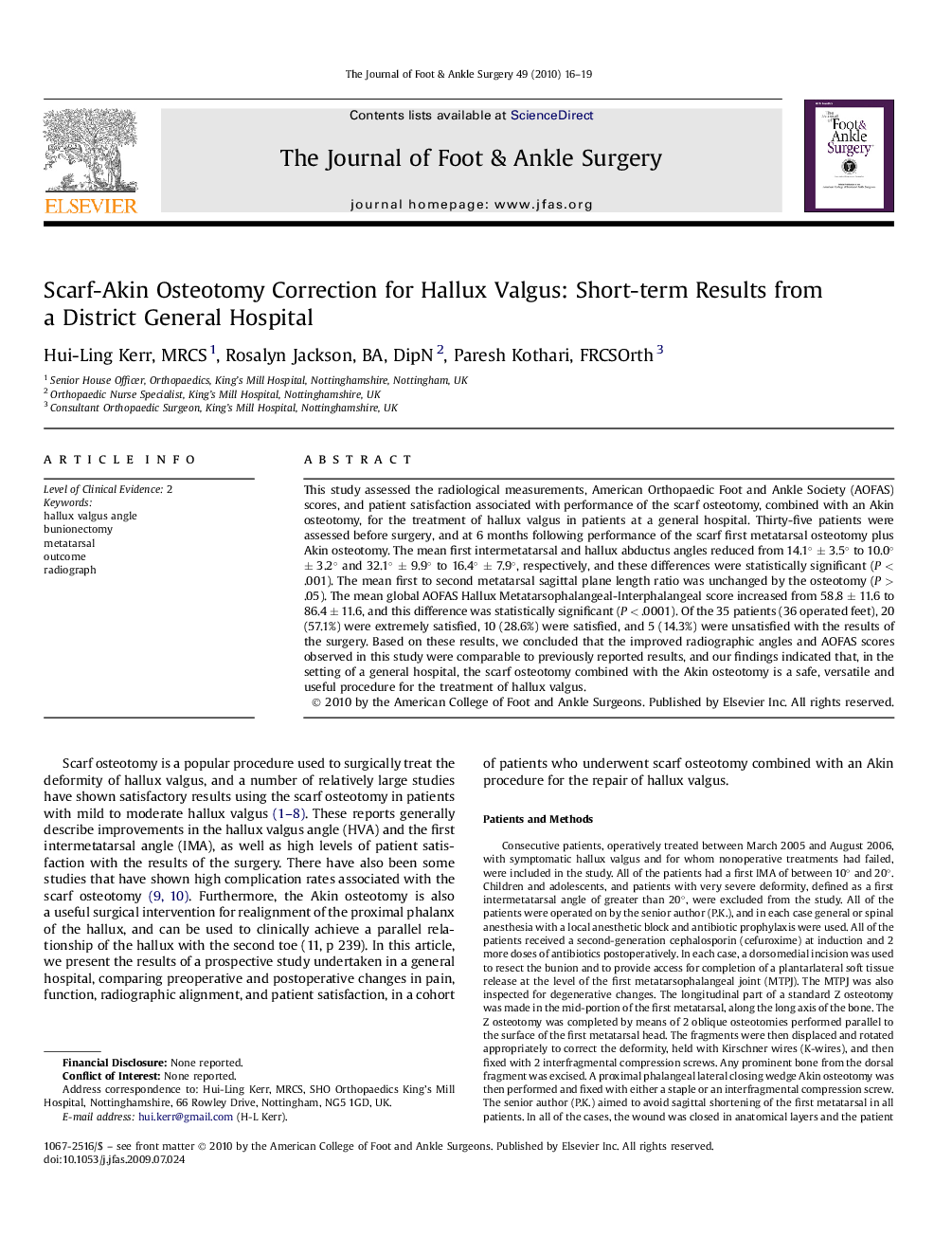 Scarf-Akin Osteotomy Correction for Hallux Valgus: Short-term Results from a District General Hospital 