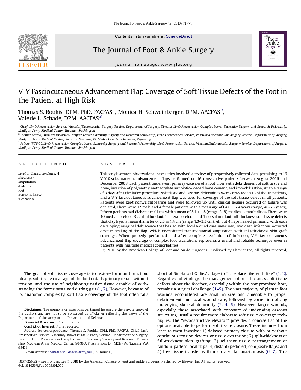 V-Y Fasciocutaneous Advancement Flap Coverage of Soft Tissue Defects of the Foot in the Patient at High Risk 