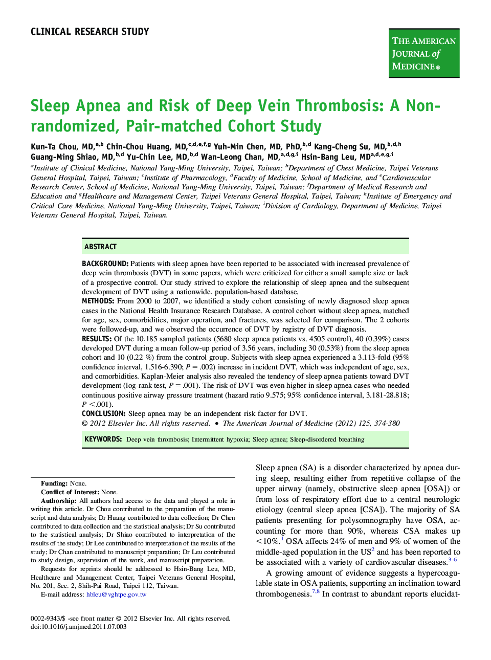 Sleep Apnea and Risk of Deep Vein Thrombosis: A Non-randomized, Pair-matched Cohort Study 