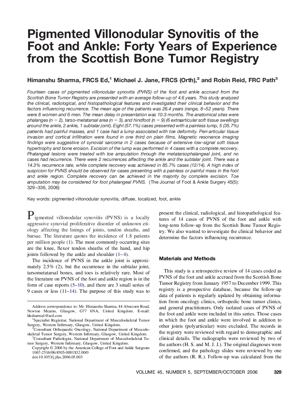 Pigmented Villonodular Synovitis of the Foot and Ankle: Forty Years of Experience from the Scottish Bone Tumor Registry