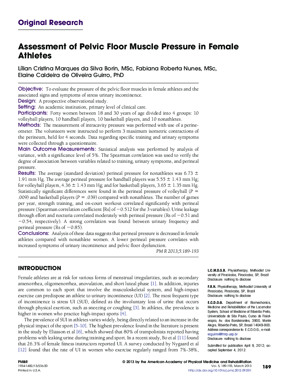 Assessment of Pelvic Floor Muscle Pressure in Female Athletes