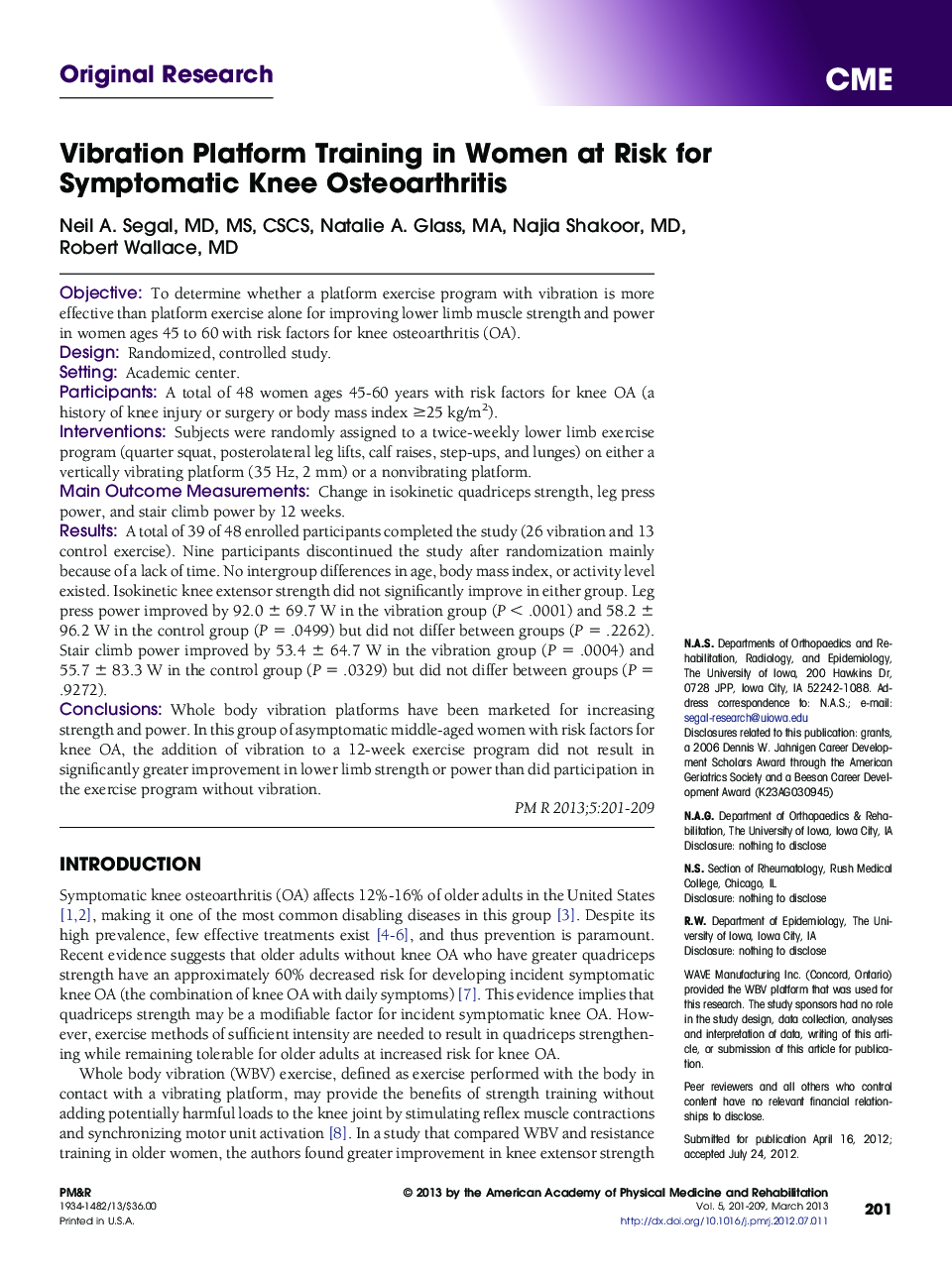 Vibration Platform Training in Women at Risk for Symptomatic Knee Osteoarthritis 