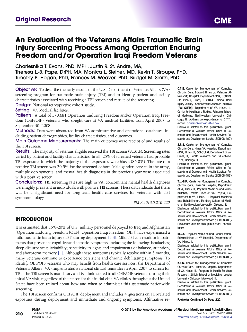 An Evaluation of the Veterans Affairs Traumatic Brain Injury Screening Process Among Operation Enduring Freedom and/or Operation Iraqi Freedom Veterans 