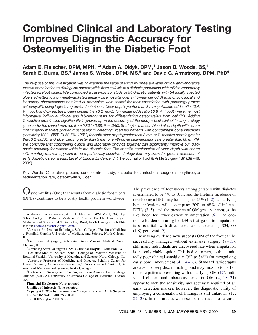 Combined Clinical and Laboratory Testing Improves Diagnostic Accuracy for Osteomyelitis in the Diabetic Foot 