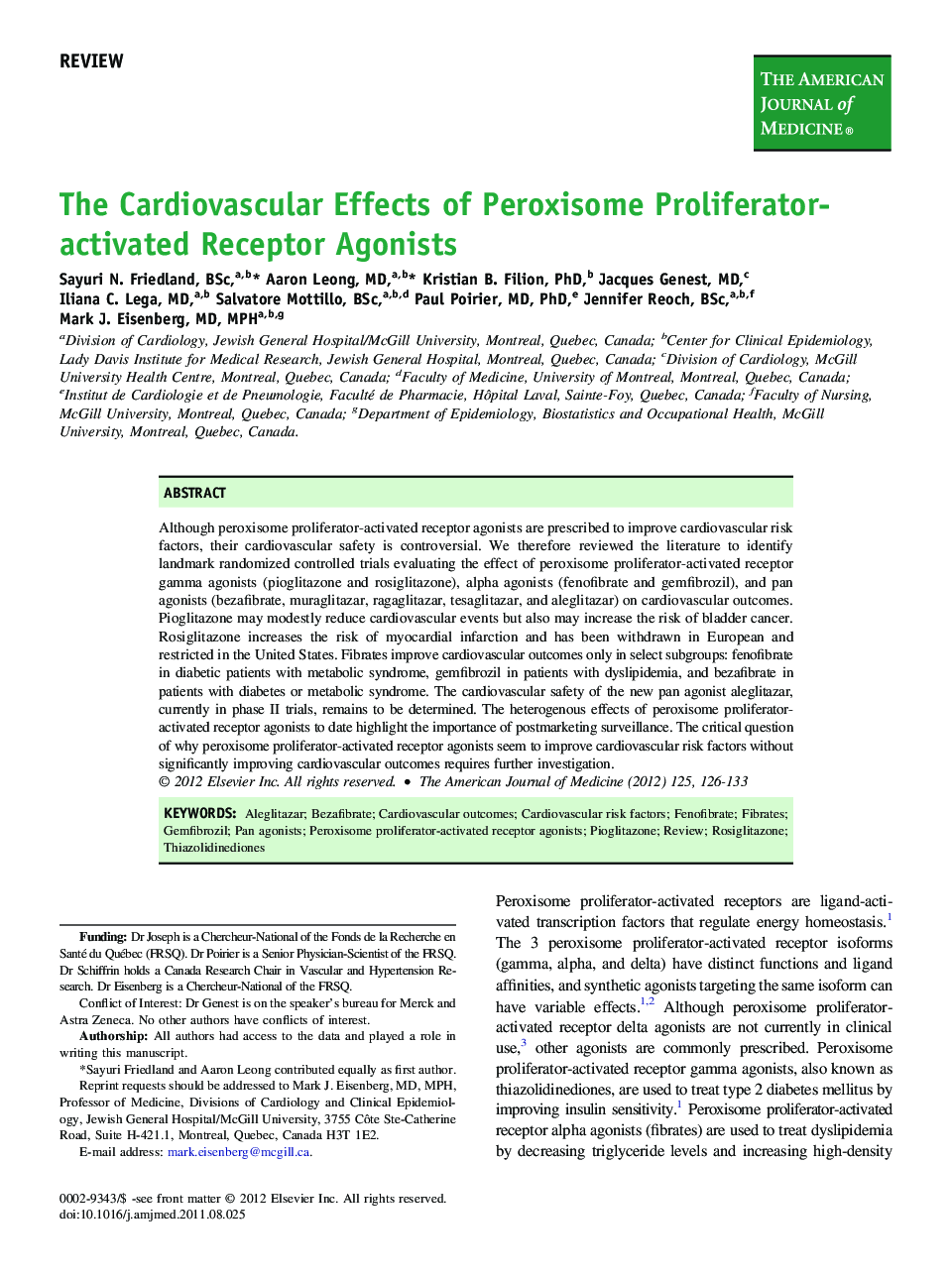 The Cardiovascular Effects of Peroxisome Proliferator-activated Receptor Agonists 