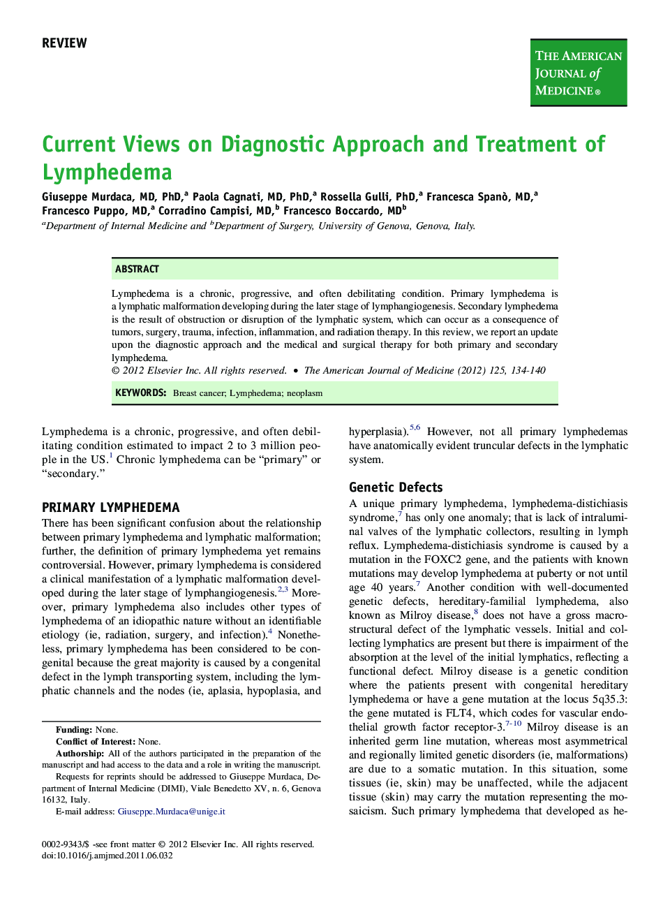 Current Views on Diagnostic Approach and Treatment of Lymphedema 