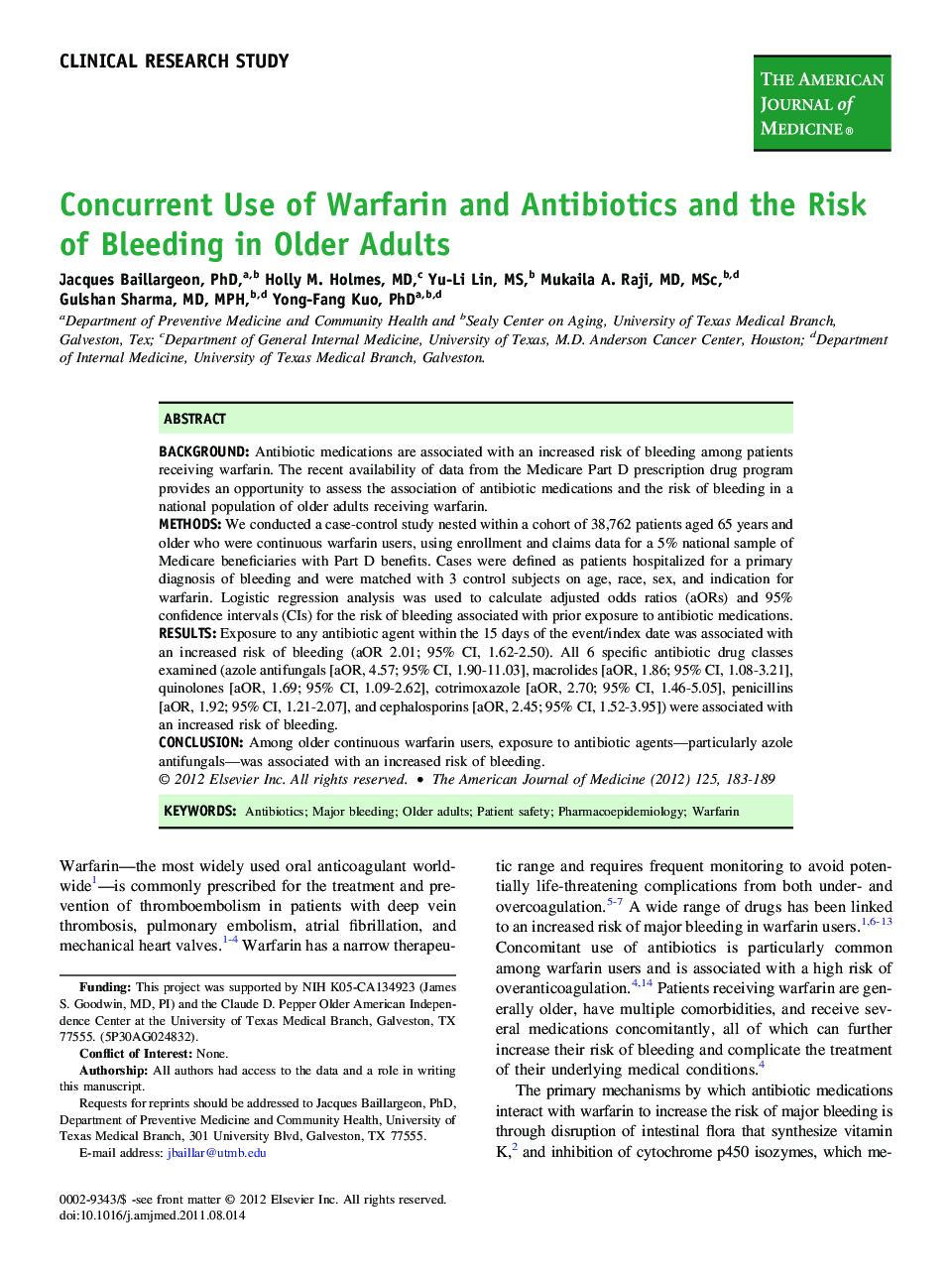 Concurrent Use of Warfarin and Antibiotics and the Risk of Bleeding in Older Adults 