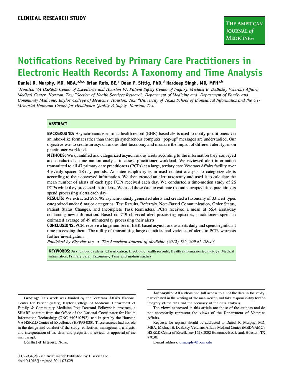 Notifications Received by Primary Care Practitioners in Electronic Health Records: A Taxonomy and Time Analysis