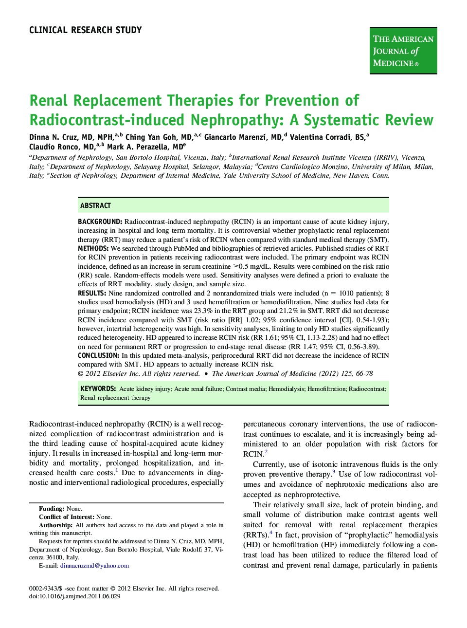 Renal Replacement Therapies for Prevention of Radiocontrast-induced Nephropathy: A Systematic Review