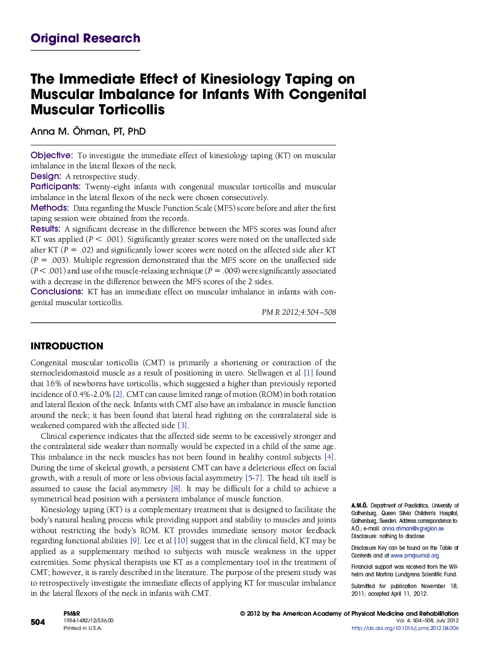 The Immediate Effect of Kinesiology Taping on Muscular Imbalance for Infants With Congenital Muscular Torticollis 