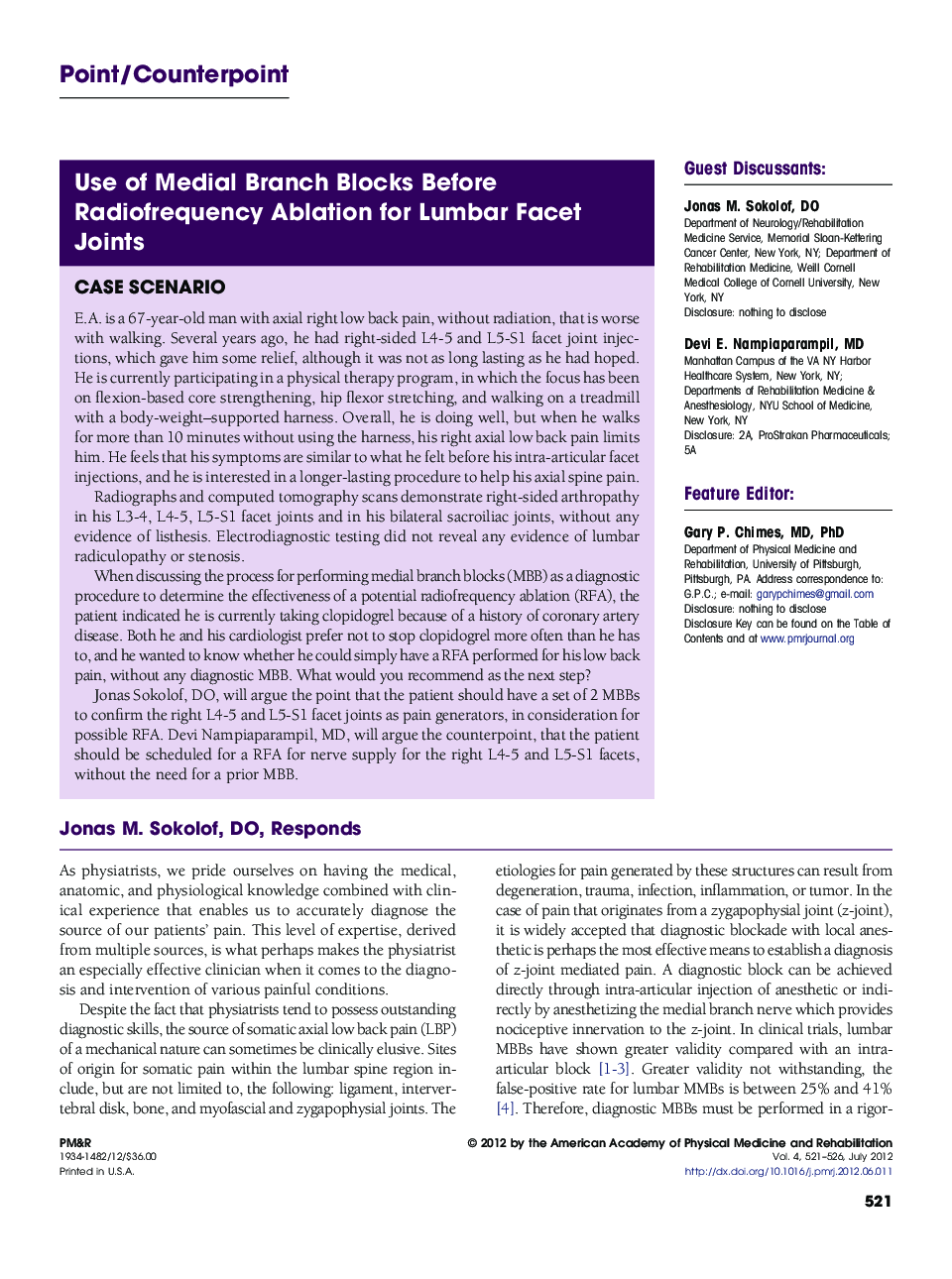 Use of Medial Branch Blocks Before Radiofrequency Ablation for Lumbar Facet Joints