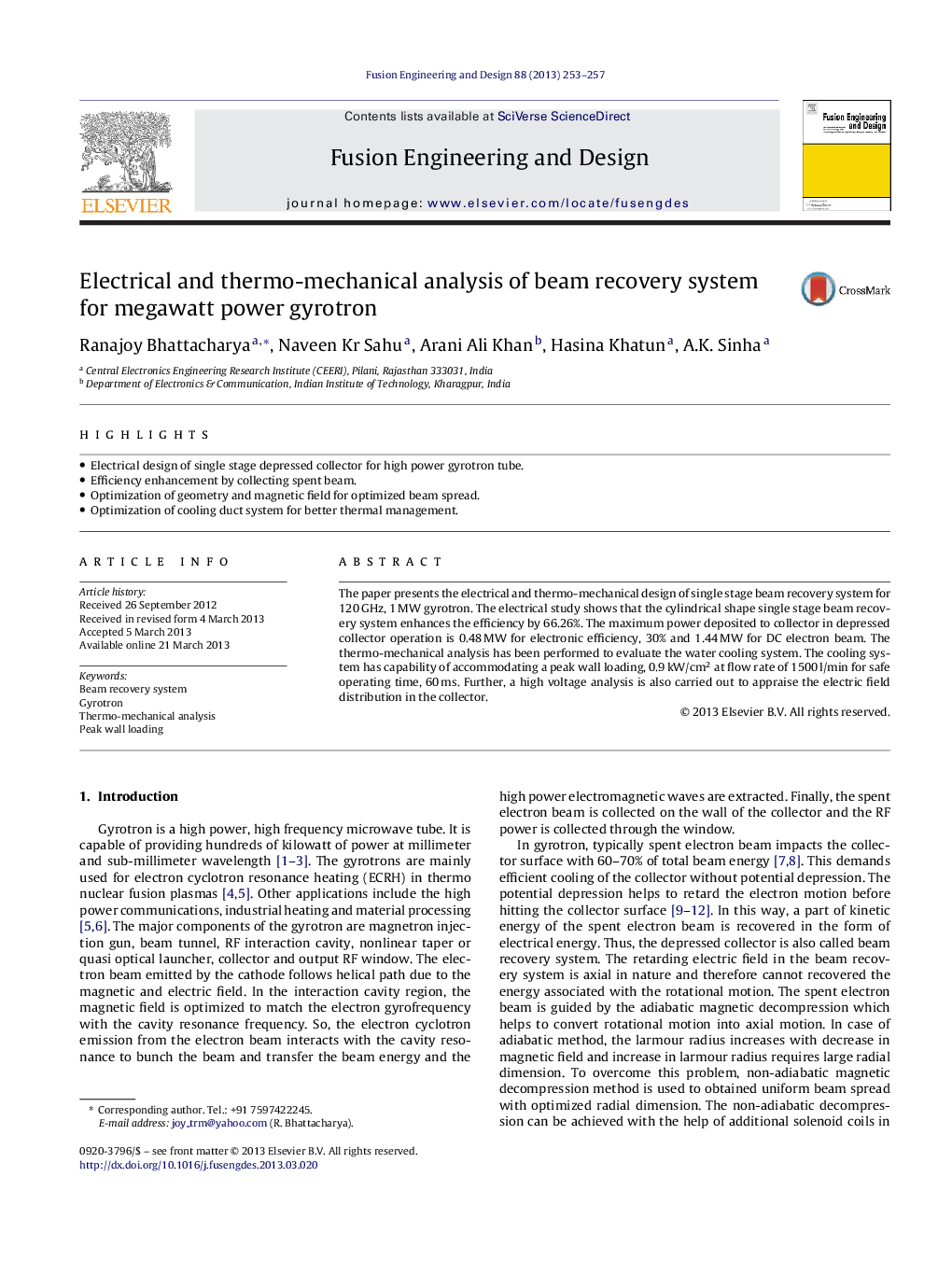 Electrical and thermo-mechanical analysis of beam recovery system for megawatt power gyrotron