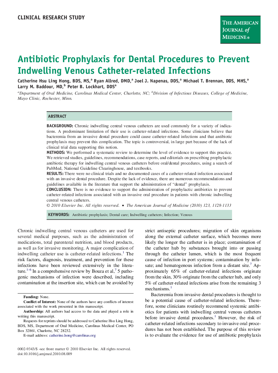 Antibiotic Prophylaxis for Dental Procedures to Prevent Indwelling Venous Catheter-related Infections 