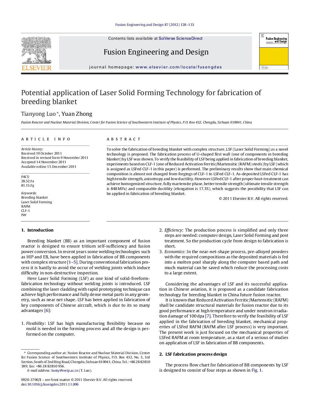 Potential application of Laser Solid Forming Technology for fabrication of breeding blanket