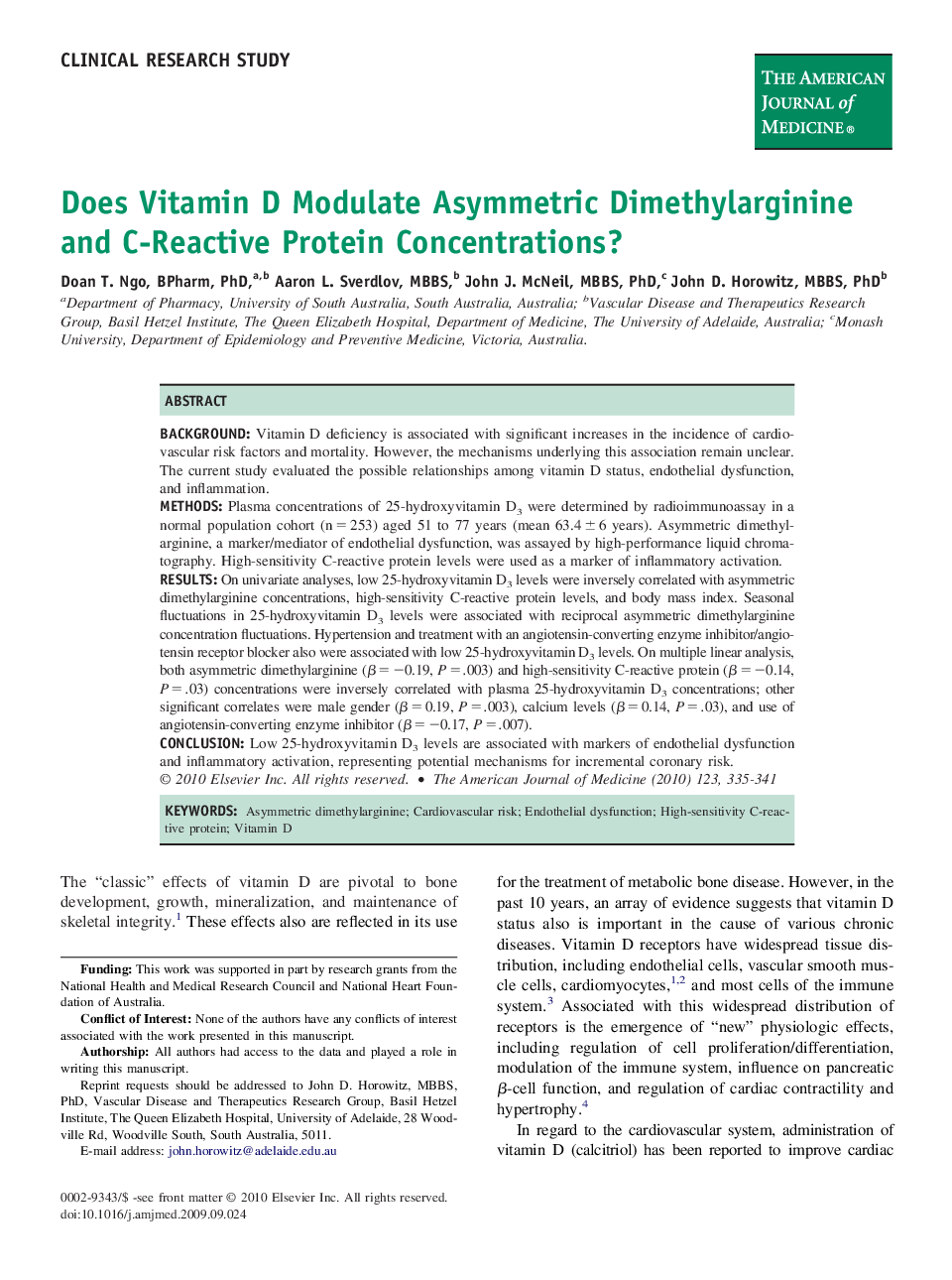 عکس صفحه اول مقاله: Does Vitamin D Modulate Asymmetric Dimethylarginine and C-Reactive Protein Concentrations? Does Vitamin D Modulate Asymmetric Dimethylarginine and C-Reactive Protein Concentrations?