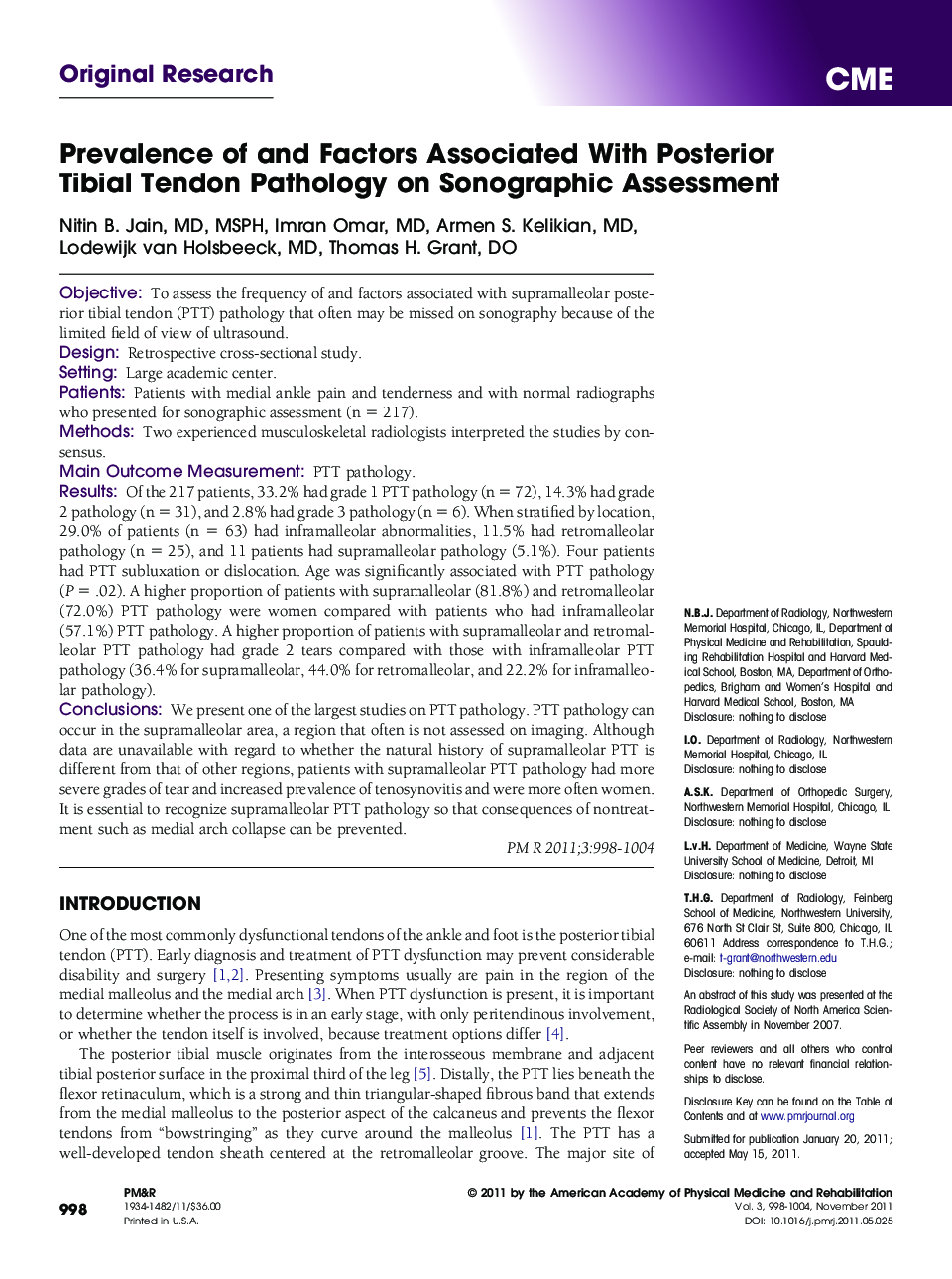 Prevalence of and Factors Associated With Posterior Tibial Tendon Pathology on Sonographic Assessment 