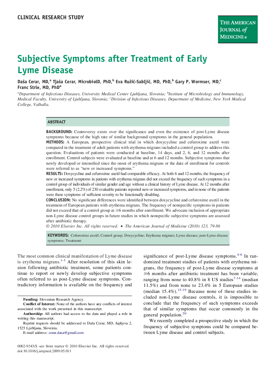 Subjective Symptoms after Treatment of Early Lyme Disease 