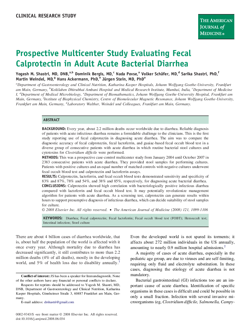 Prospective Multicenter Study Evaluating Fecal Calprotectin in Adult Acute Bacterial Diarrhea