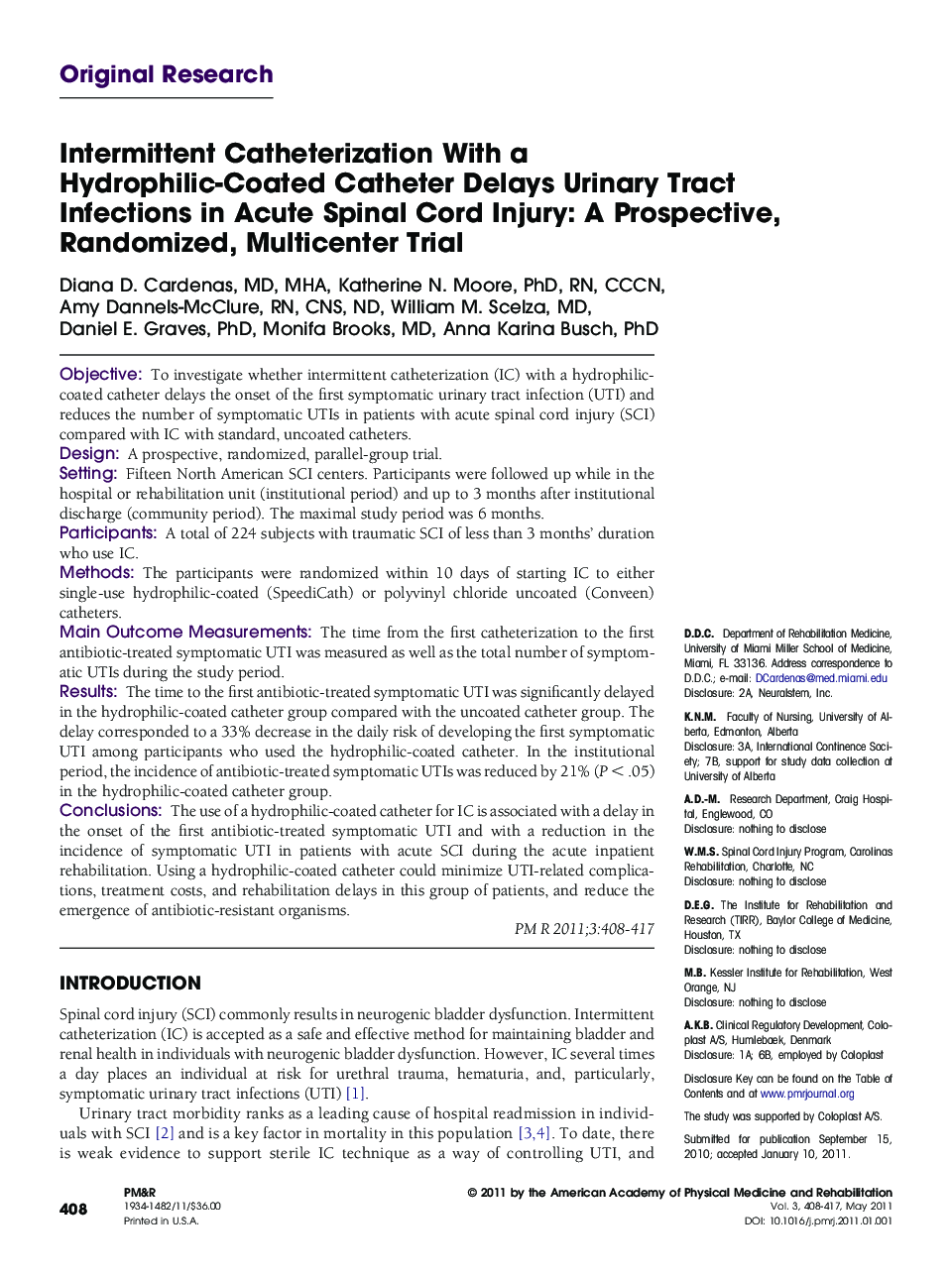 Intermittent Catheterization With a Hydrophilic-Coated Catheter Delays Urinary Tract Infections in Acute Spinal Cord Injury: A Prospective, Randomized, Multicenter Trial 