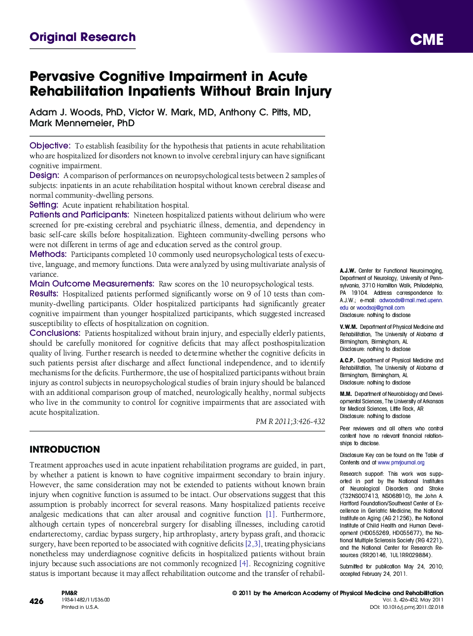 Pervasive Cognitive Impairment in Acute Rehabilitation Inpatients Without Brain Injury 