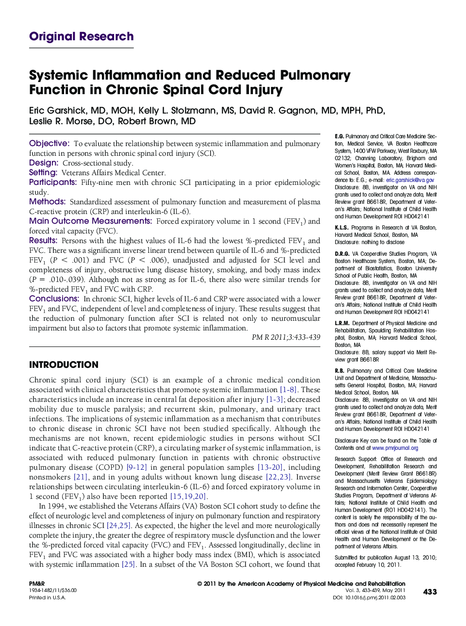 Systemic Inflammation and Reduced Pulmonary Function in Chronic Spinal Cord Injury 