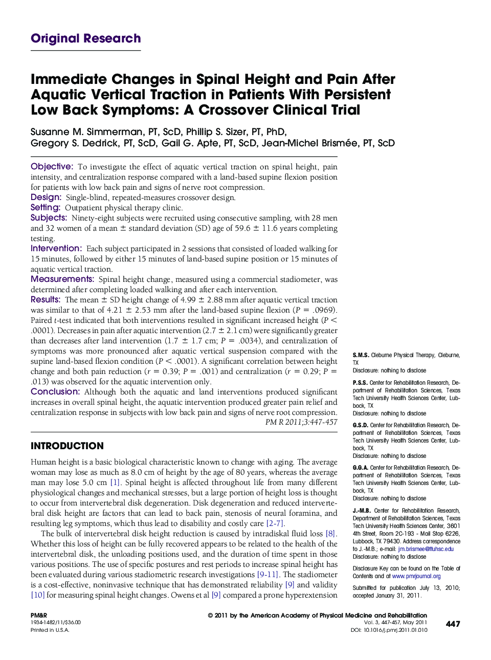 Immediate Changes in Spinal Height and Pain After Aquatic Vertical Traction in Patients With Persistent Low Back Symptoms: A Crossover Clinical Trial 